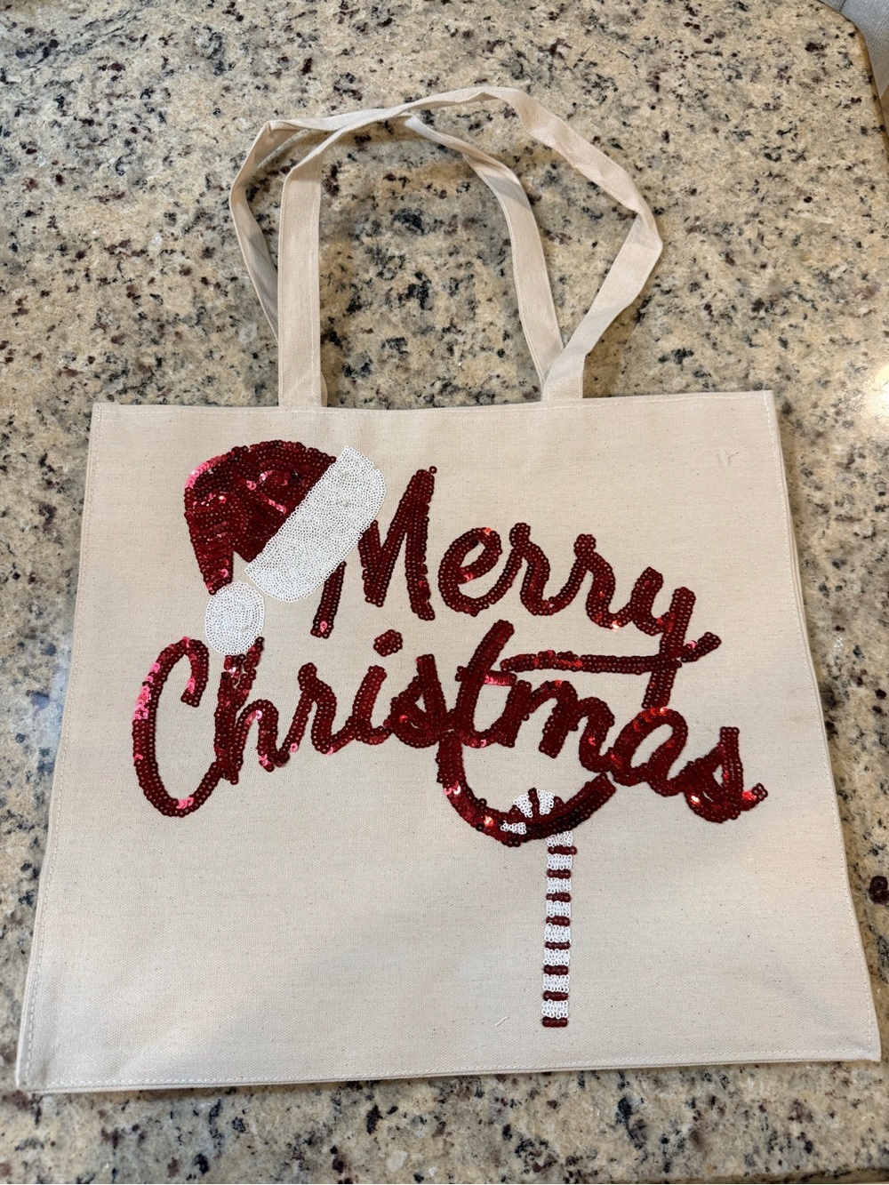 Sequin 'Merry Christmas' Tote Bag in Red and White